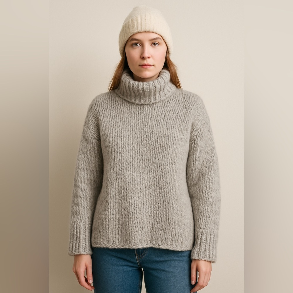 Express Handknit Chunky Turtleneck Sweater Gray & White Women’s Large - Picture 2 of 4